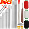 A set of 34 stainless steel big-eye sewing needles and red thread spools.