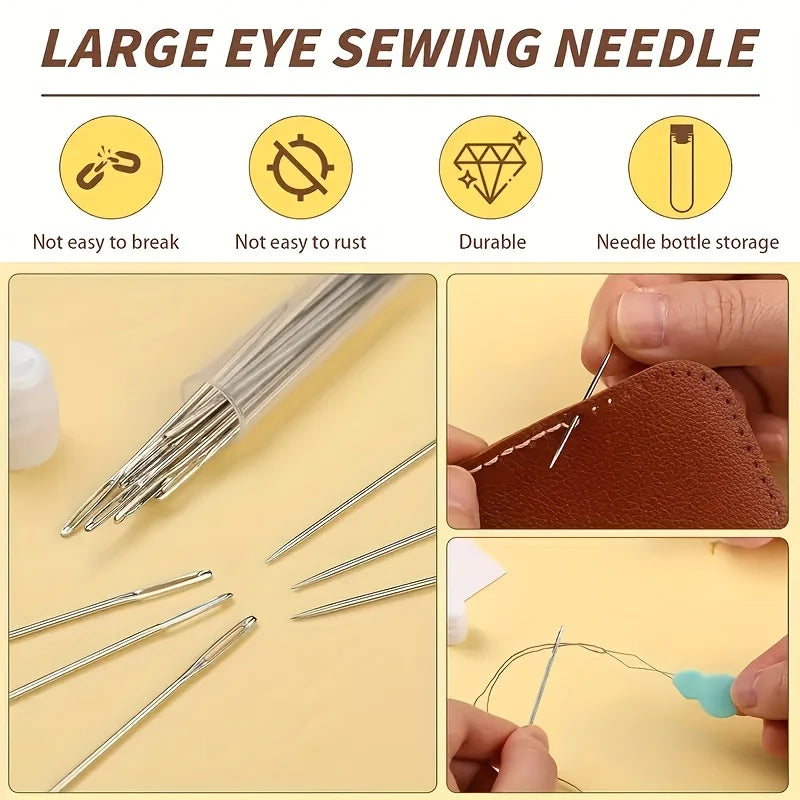 Assorted stainless steel hand sewing needles and a needle bottle storage kit shown on a light background.