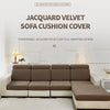 A brown jacquard velvet sofa cushion cover is shown on a modern sectional sofa with light cream upholstery.