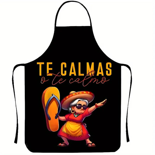 Black apron featuring a colorful illustration of a woman in traditional attire.