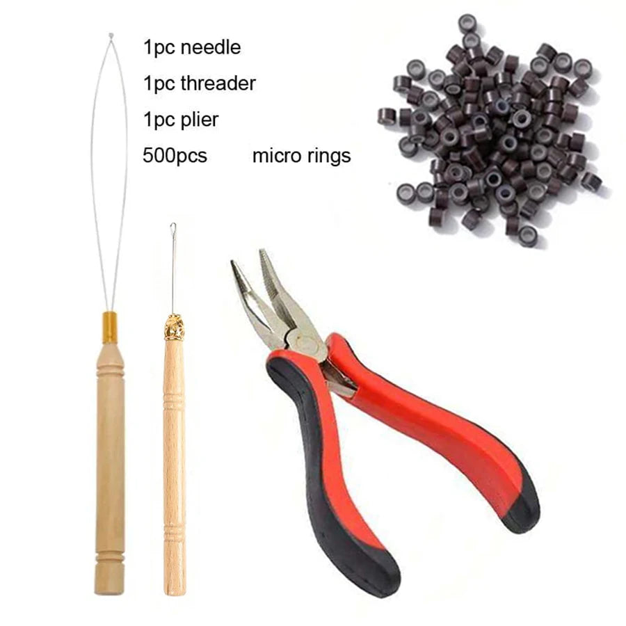A kit of professional hair extension bead tools including a needle, threader, pliers, and micro rings.
