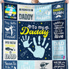 A dark blue blanket featuring text and graphics celebrating a dad, including messages like I make cute babies and Dad to be l