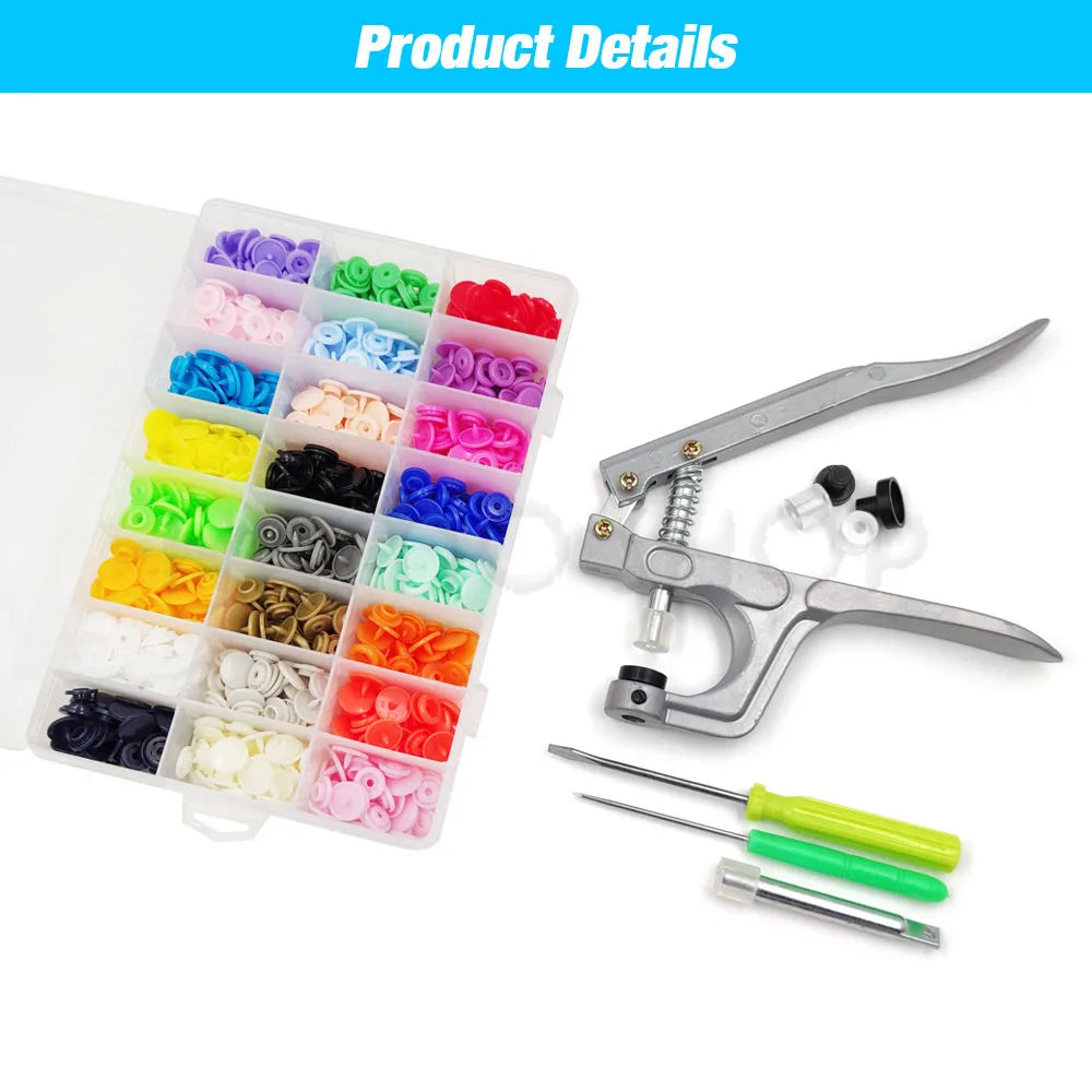 A plastic kit containing various colored resin buttons and a metal tool for fastening in DIY sewing and crafting