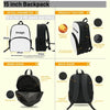 A black and white multi-compartment backpack shown from the front, side, and interior view.