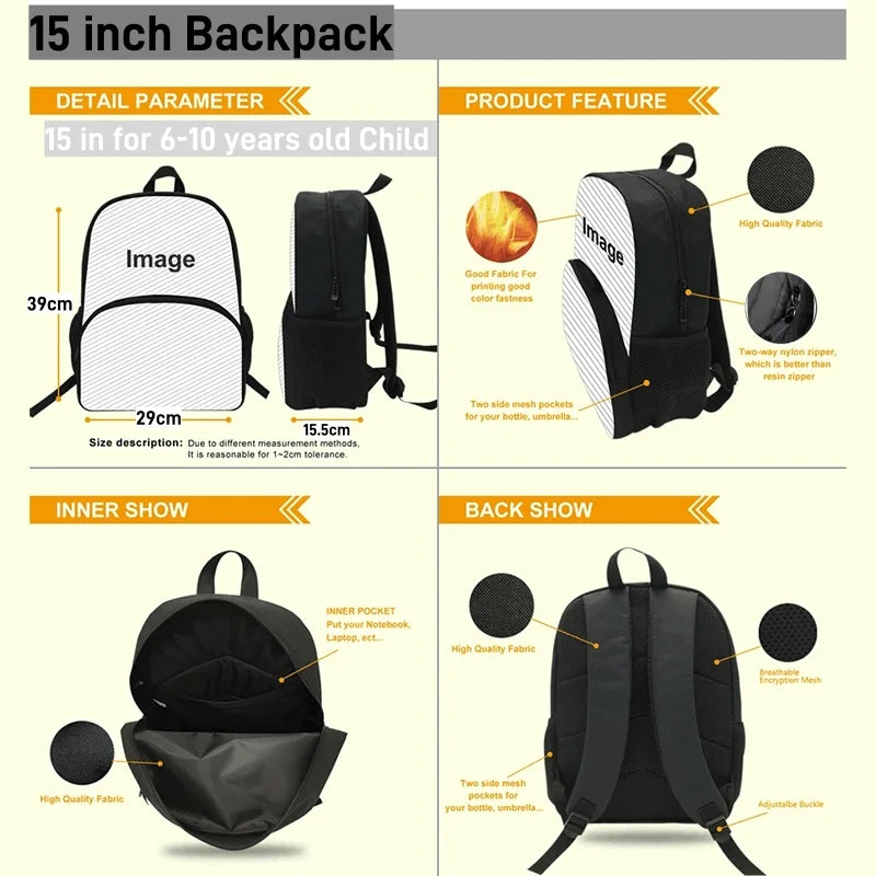 A black and white multi-compartment backpack shown from the front, side, and interior view.