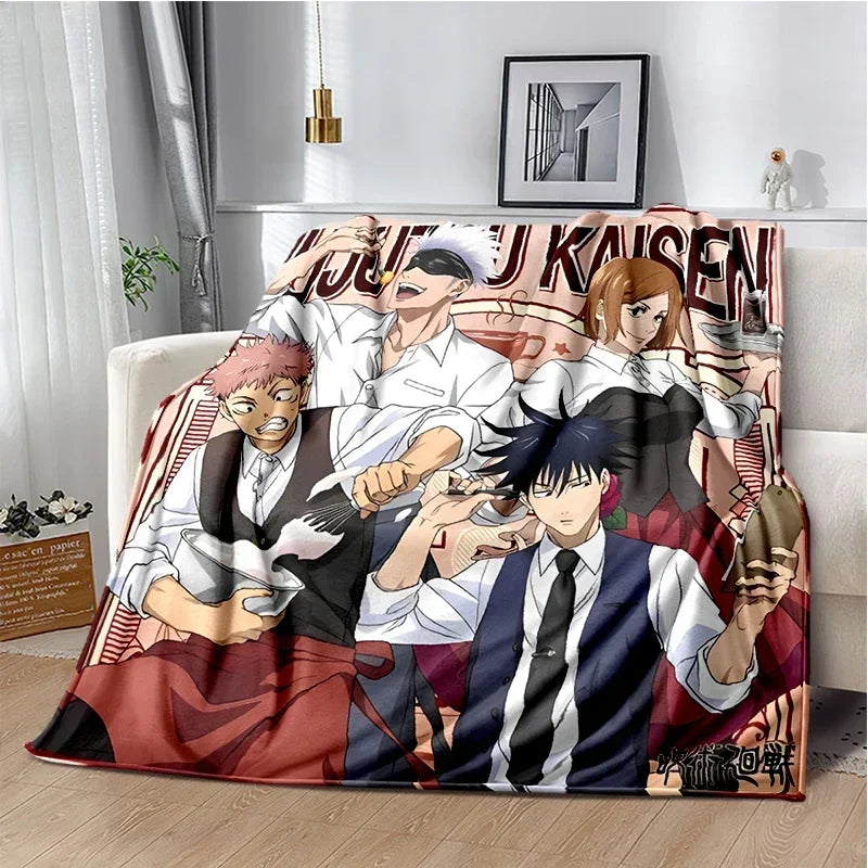 A throw blanket featuring characters from Jujutsu Kaisen anime in a collage design.