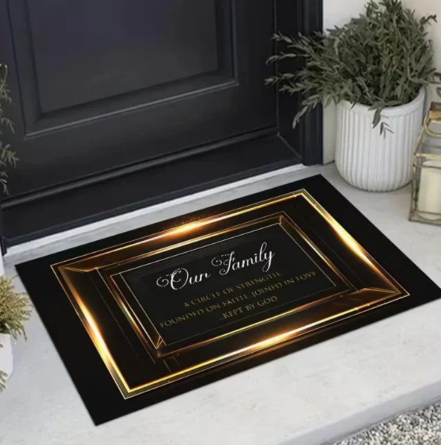 A rectangular gold framed door mat with the text Our Family Founded on Faith Joined in Love Kept by God placed on a gray floo