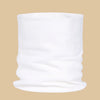 A rolled white soft cotton warm neck scarf displayed against a beige background.