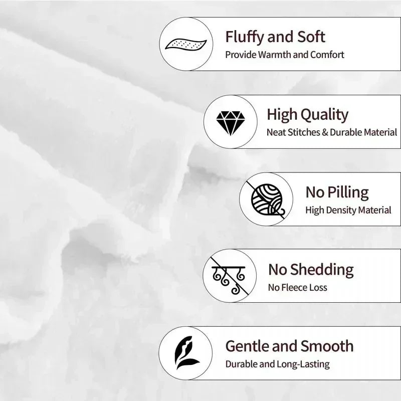 A close-up view of a white, fluffy flannel throw blanket showing various quality features like softness and durability.