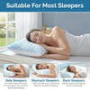 A woman sleeping comfortably on a white pillow, demonstrating the cooling memory foam pillow suitable for most sleepers.