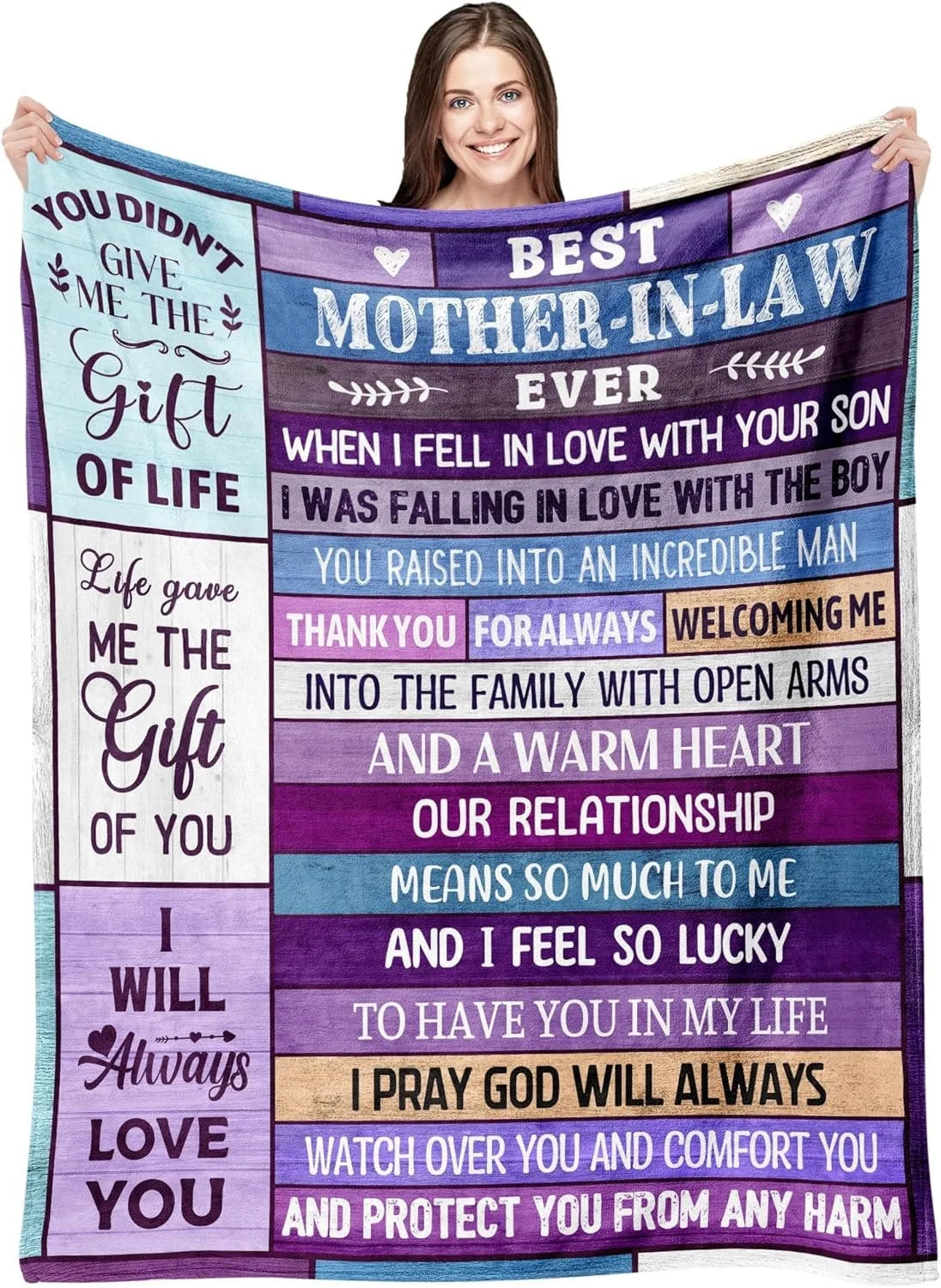 A purple and teal throw blanket featuring inspirational text about love, family, and support.