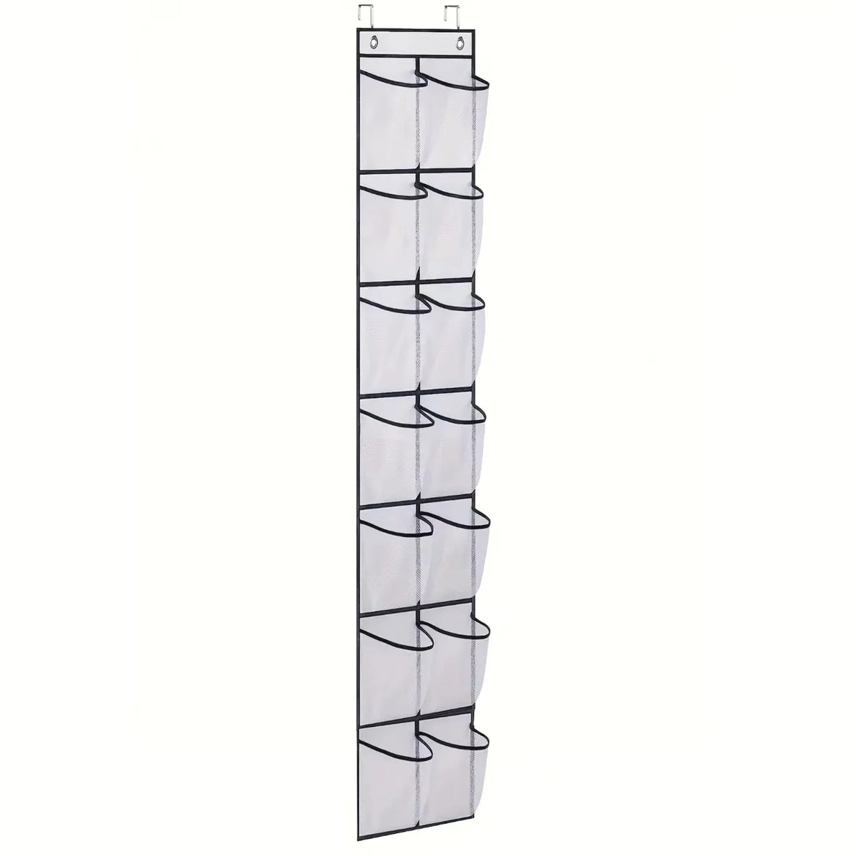 A white over-the-door shoe organizer with multiple hanging pockets.