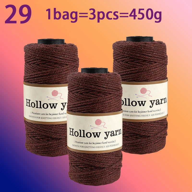 Three spools of Hollow yarn, each containing 3 pieces and weighing 450g total for knitting and crochet.