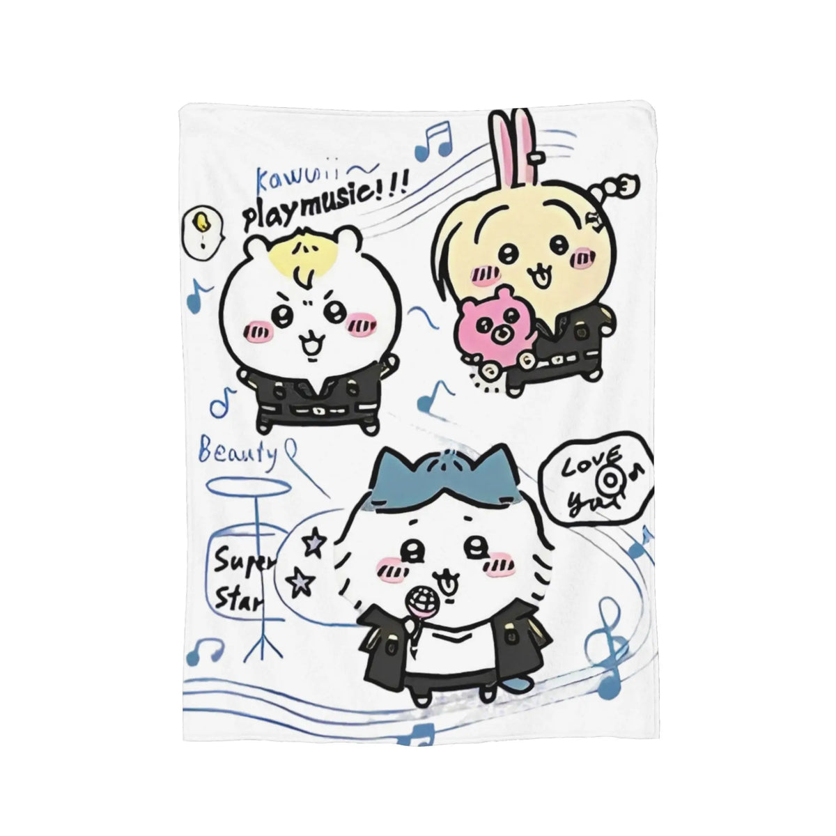 A white flannel throw blanket featuring a Kawaii Chiikawa cartoon design with cute animal characters and musical notes.