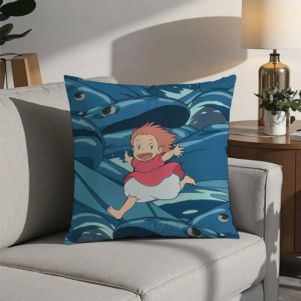 A decorative pillow cover featuring an anime character resembling a small, spiky-haired boy in a blue and green underwater sc