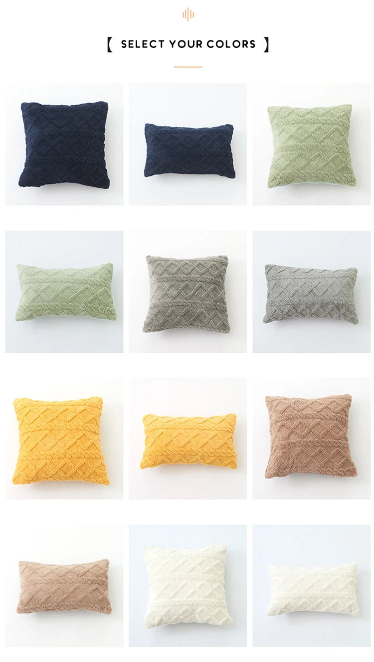 A grid of nine plaid cushion covers in various shades of blue, green, yellow, and beige.