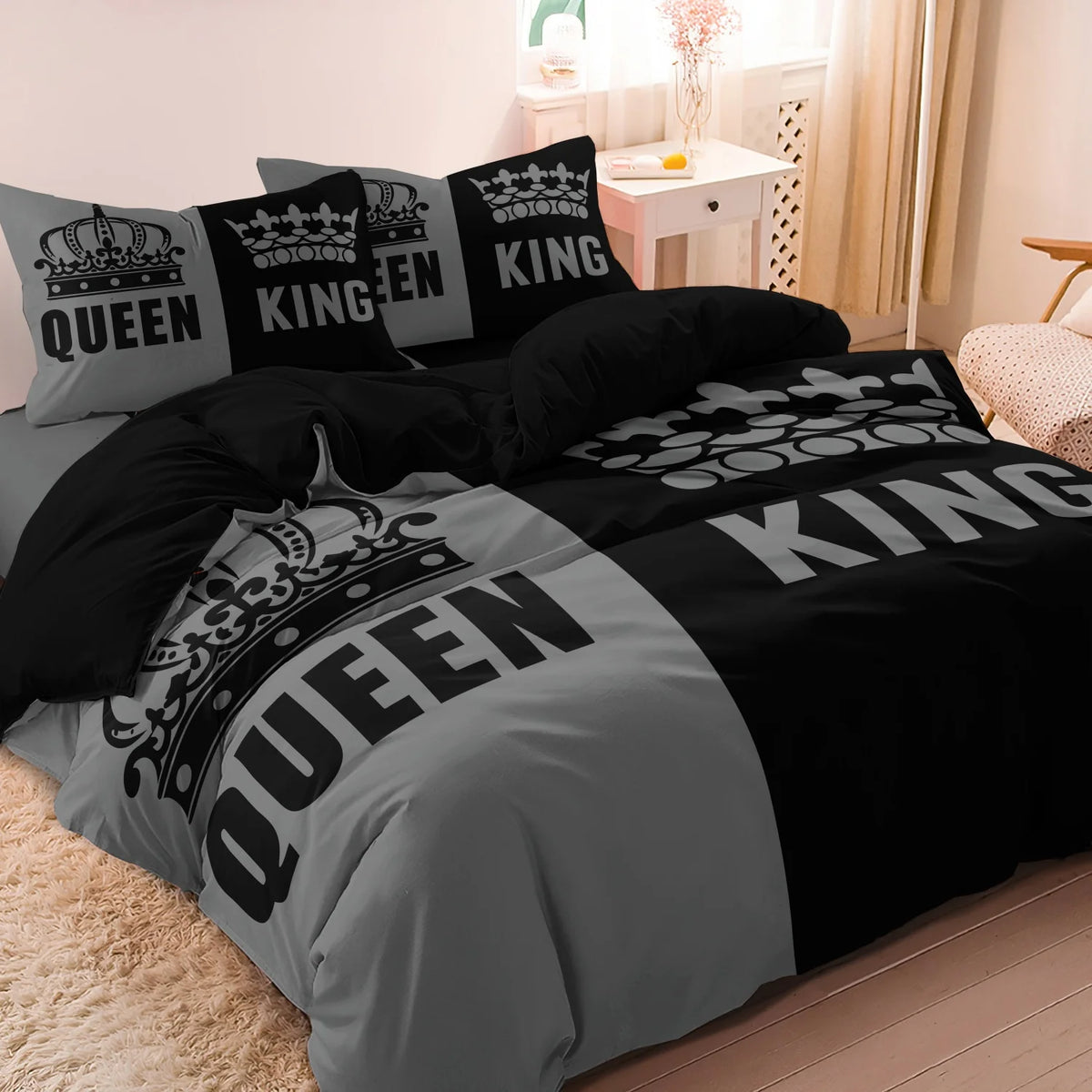 Set of three black and grey couple themed duvet covers featuring queen and king designs