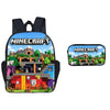 A black backpack with a Minecraft themed design featuring a pixelated landscape and characters.