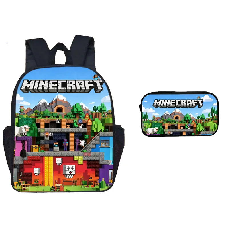 A black backpack with a Minecraft themed design featuring a pixelated landscape and characters.
