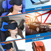 A collection of products including a sleep mask, a plane seat, a car child seat, and an orange car seat.
