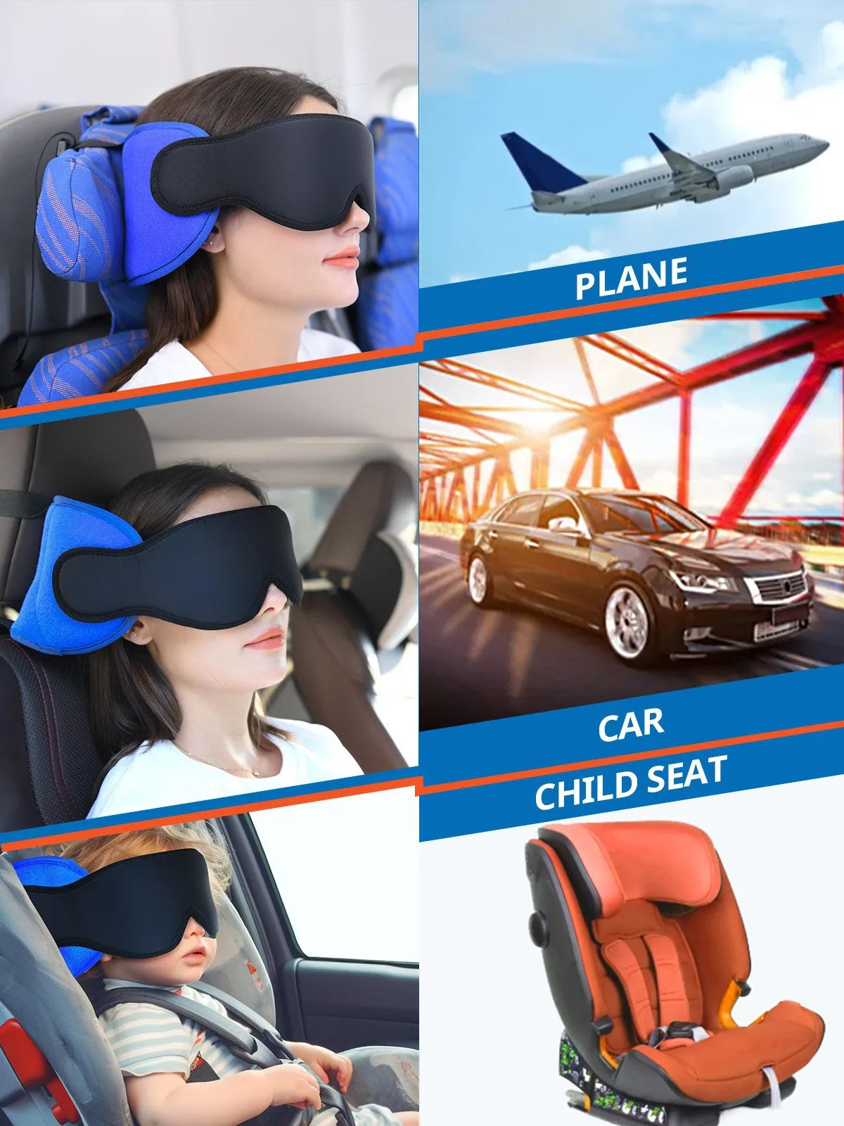 A collection of products including a sleep mask, a plane seat, a car child seat, and an orange car seat.