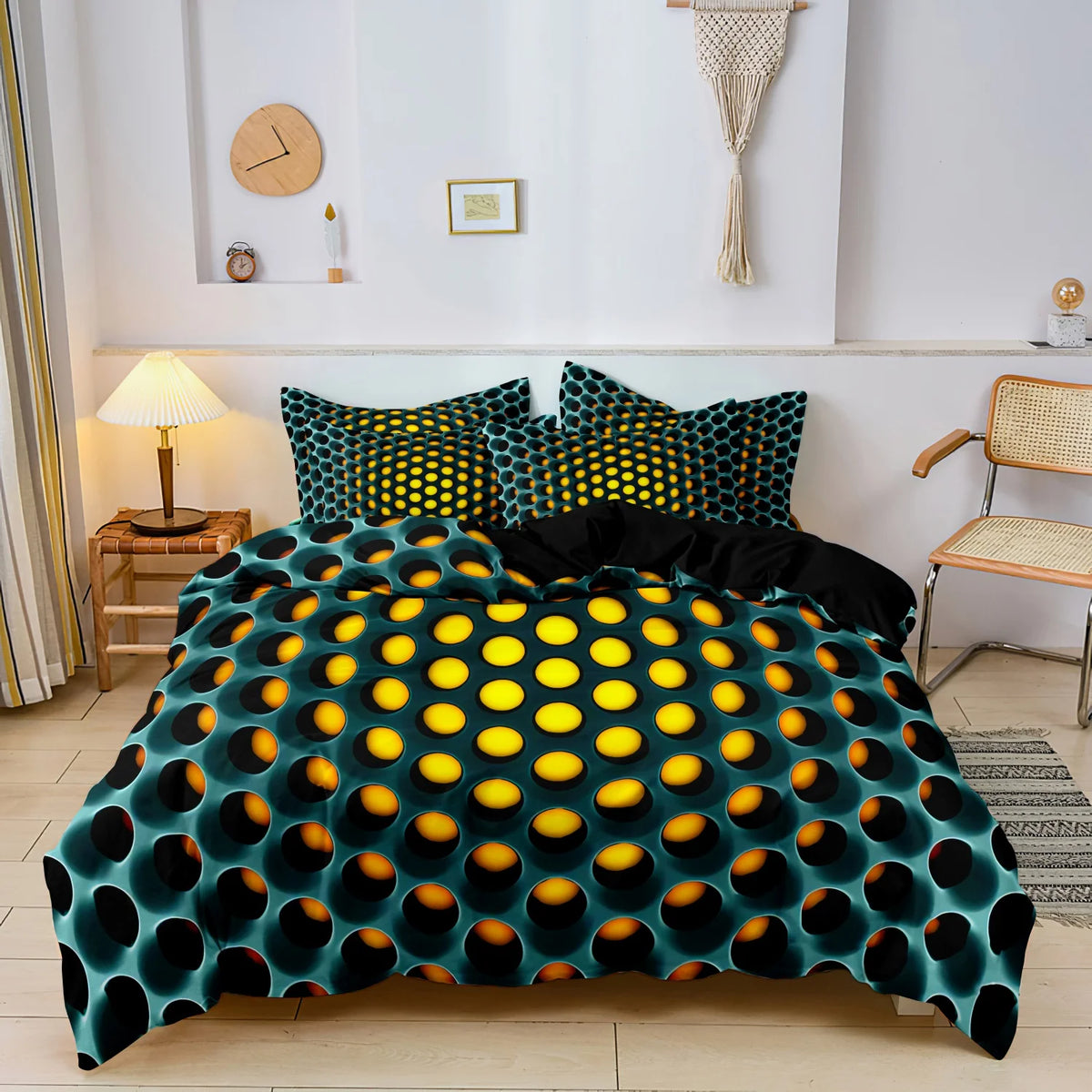 Teal hole pattern duvet cover set featuring a dark teal fabric with yellow circular holes.