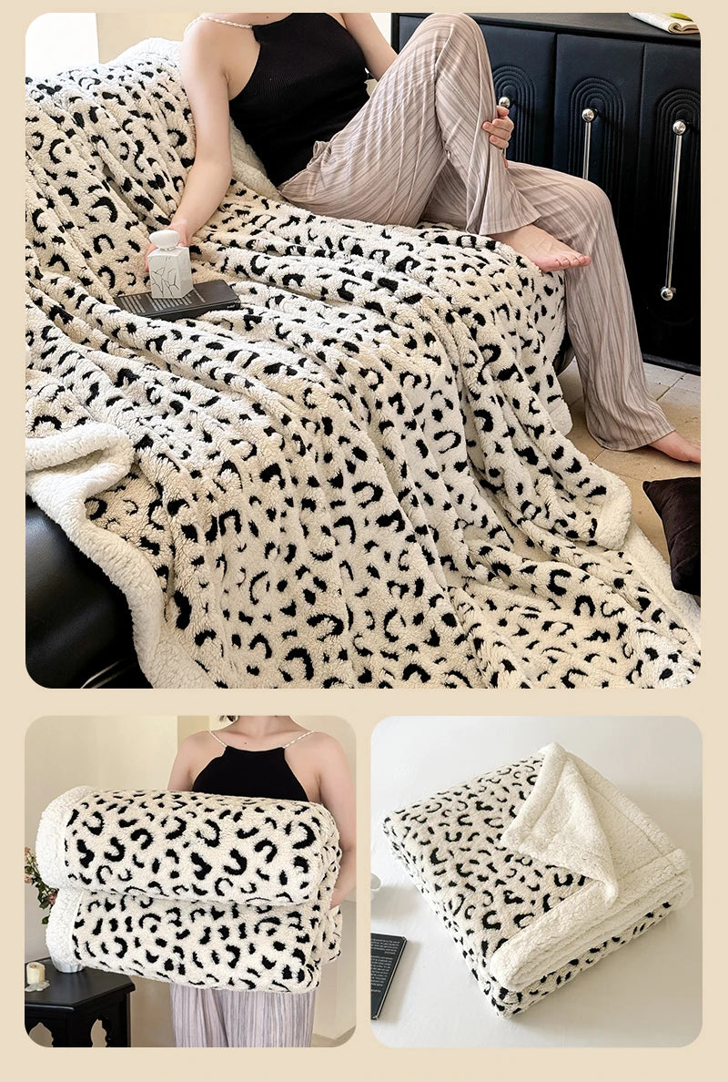 A leopard print jacquard knit throw blanket draped over a sofa and shown in various close-up views.