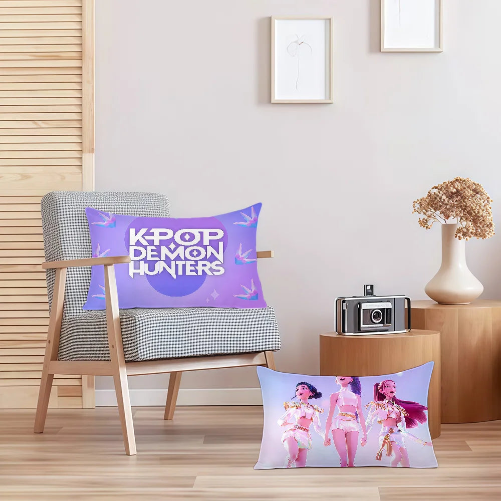 Purple cushion covers featuring a demon hunter theme with stylized figures and celestial elements.