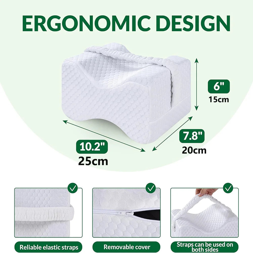 White memory foam knee pillow for side sleepers with reliable elastic straps and removable cover