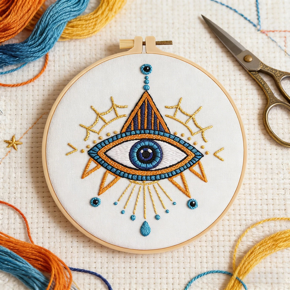 A white embroidery design featuring a stylized eye made with blue and gold thread on a round fabric piece.