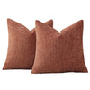A square, textured terracotta brown chenille pillow cover with a subtle ruffled edge.