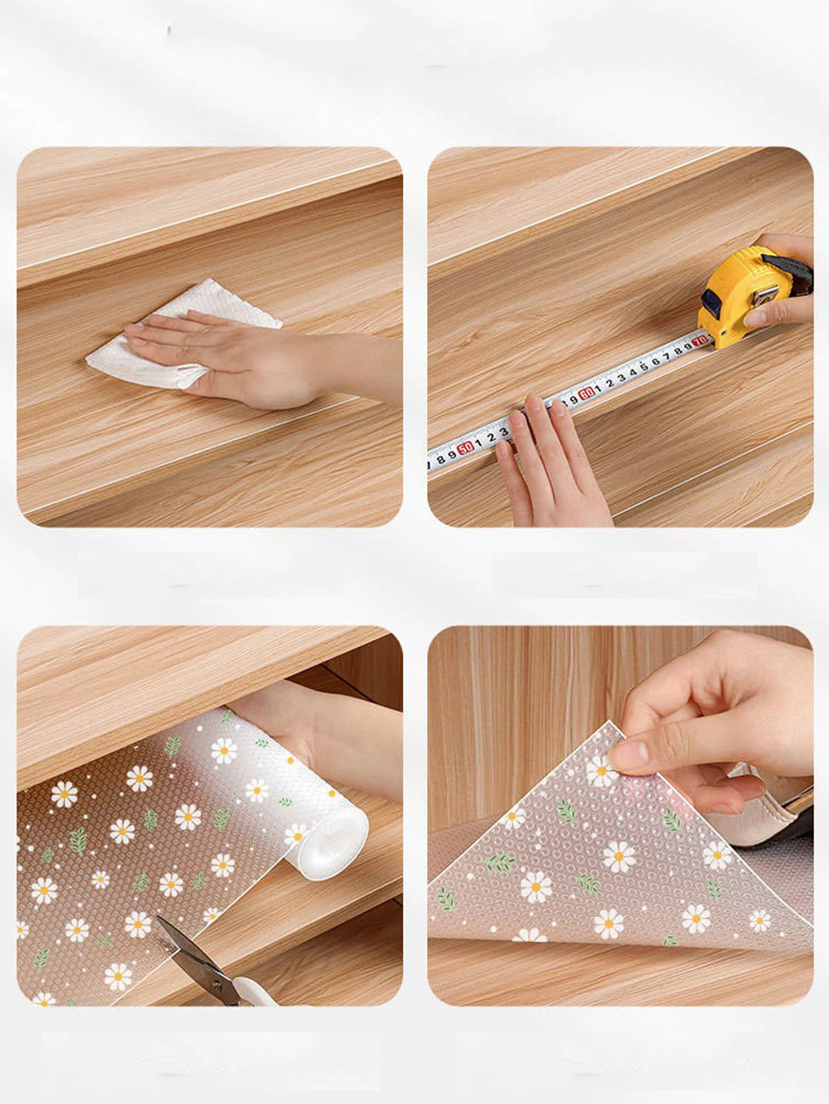 A reusable silicone drawer mat is shown being used to clean a wooden cabinet surface.