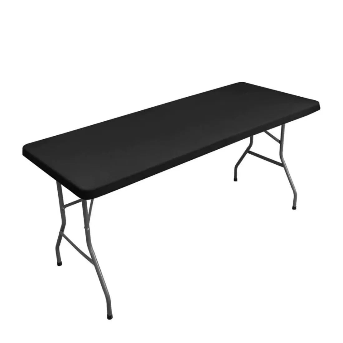 Black waterproof rectangle tablecloth for a 6-foot folding table.