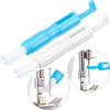 A blue and white 2-in-1 automatic needle threader and inserter tool with a metal needle and pliers visible.