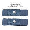 A dark blue striped elastic belt with a silver buckle shown flat.