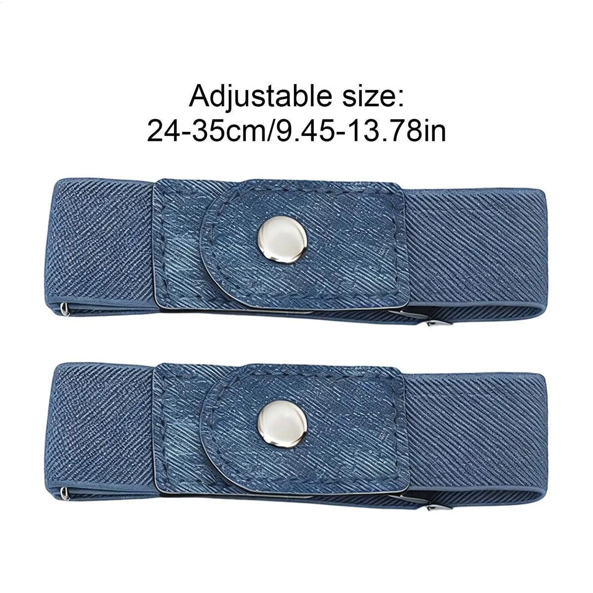 A dark blue striped elastic belt with a silver buckle shown flat.