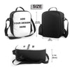 A black and white kids multi-compartment backpack set shown with size measurements.