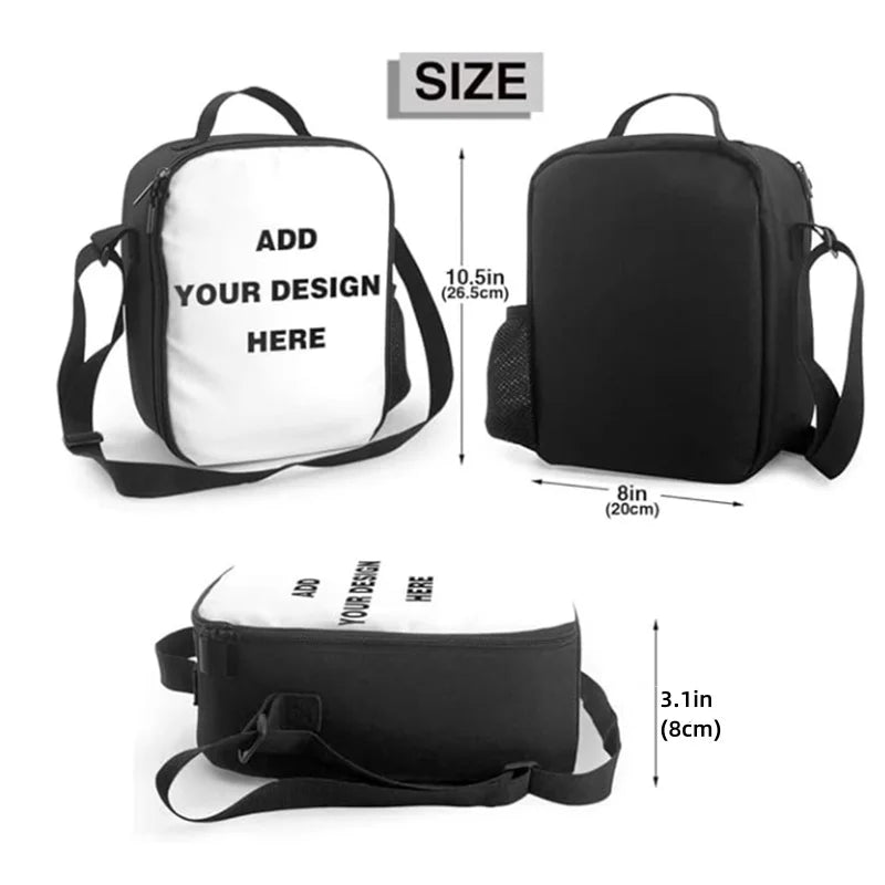 A black and white kids multi-compartment backpack set shown with size measurements.