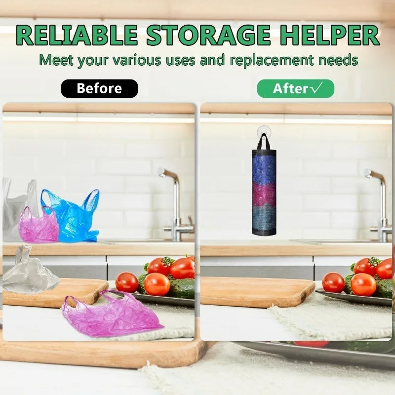 Before and after comparison showing a hanging mesh trash bag replacing a plastic bag for storage organization