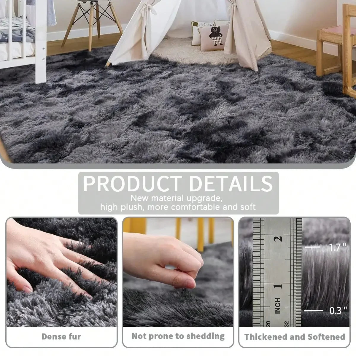 Close-up view of a dark gray plush long-pile area rug showing dense fur texture and thickness.