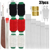A precision sewing kit featuring hand needles, a thimble, and a threader set with various colored threads and components.