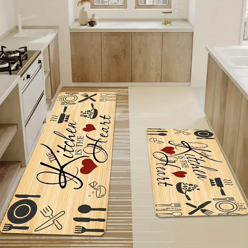 A wooden heart-shaped kitchen mat featuring various cutlery and utensil designs.