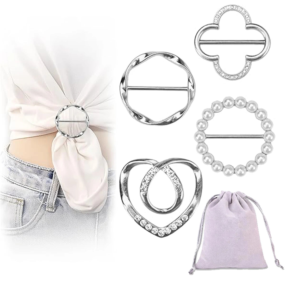 Silver round heart button clips and a lavender drawstring pouch for clothing and accessories