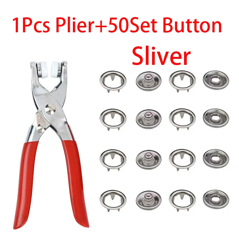 A set of 1 pliers and 50 silver sewing buttons for crafting and repair