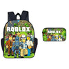 A black backpack with a Roblox theme on the front and a matching clear pen case on the back.