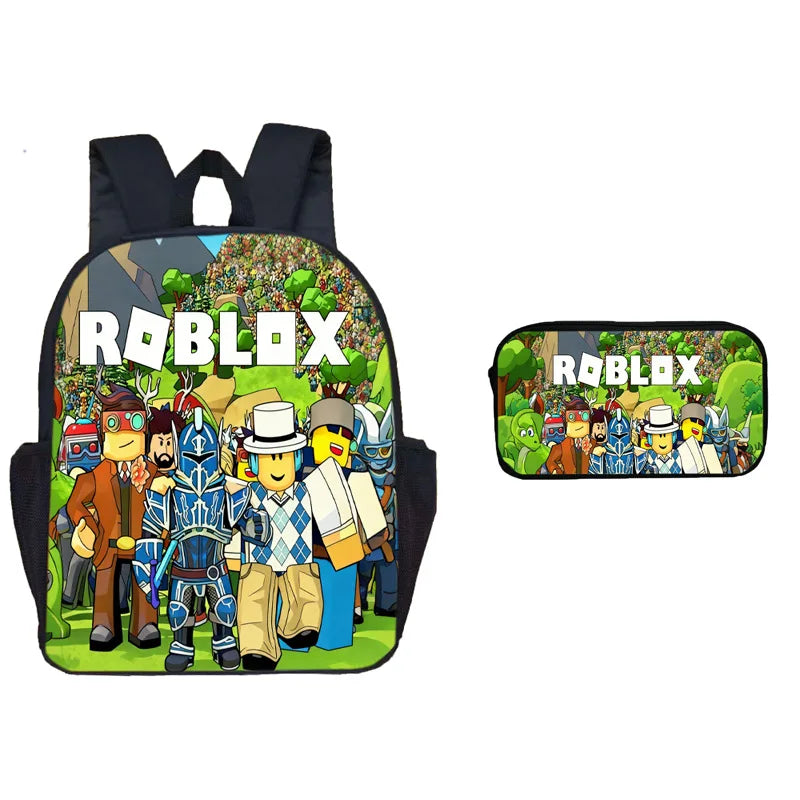 A black backpack with a Roblox theme on the front and a matching clear pen case on the back.