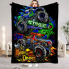 A dark graphic featuring a monster truck with tires and green dragon elements on a black background.
