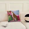 A decorative cushion cover featuring a leopard print cheetah and pink floral and tropical plant patterns.