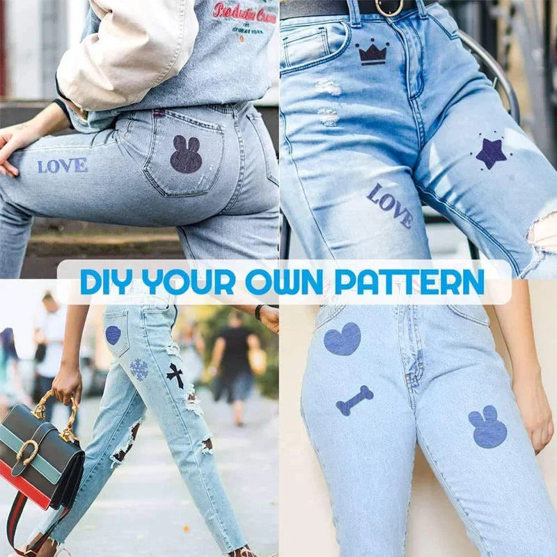 Close-up of light wash denim jeans featuring various iron-on cotton patches including a crown, star, heart, and bear silhouet