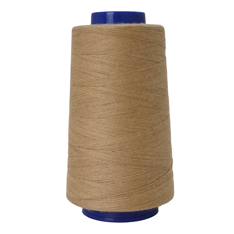 A spool of heavy-duty waterproof sewing thread with a beige core and blue plastic cap.